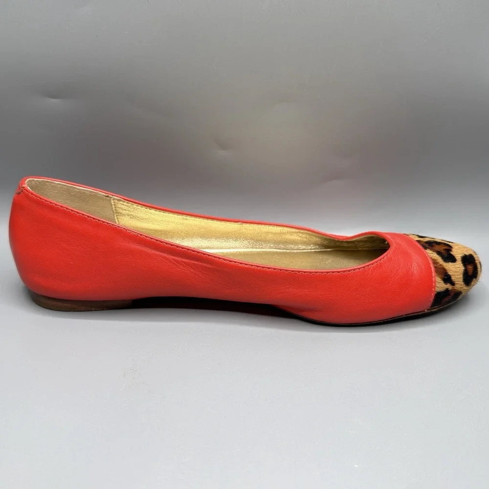 Kate Spade New York Coral Red Leather Cheetah Calf Hair Cap Toe Flats Womens 8.5